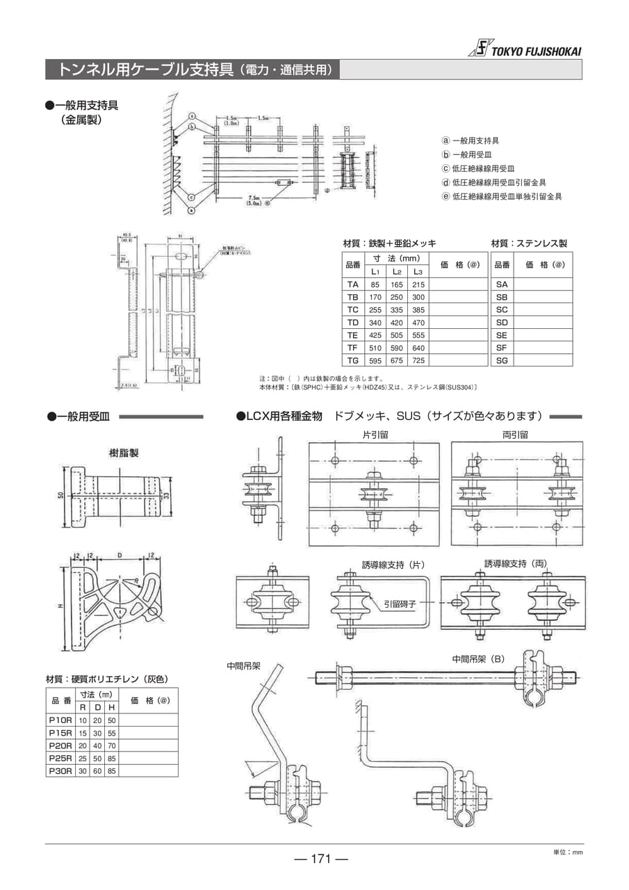 トンネル用ケーブル支持具（電力・通信共用）