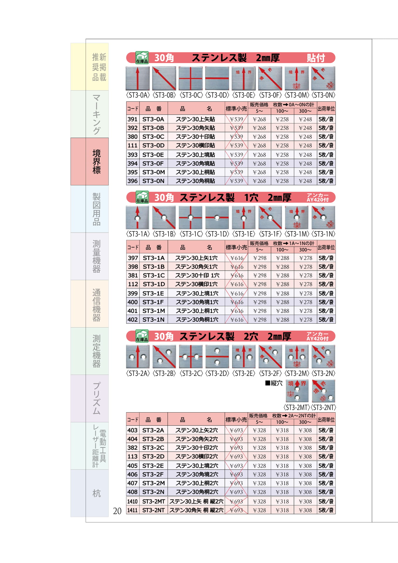 P.20 ステンレスプレート① 30角(貼・1穴・2穴)