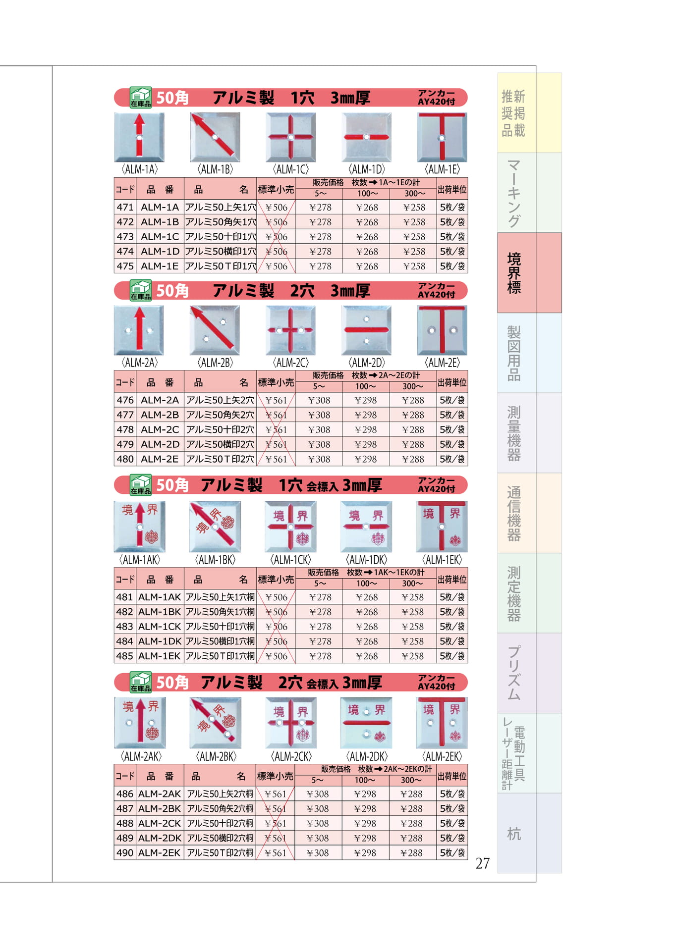 P.27 アルミ50角プレート② 1穴・2穴