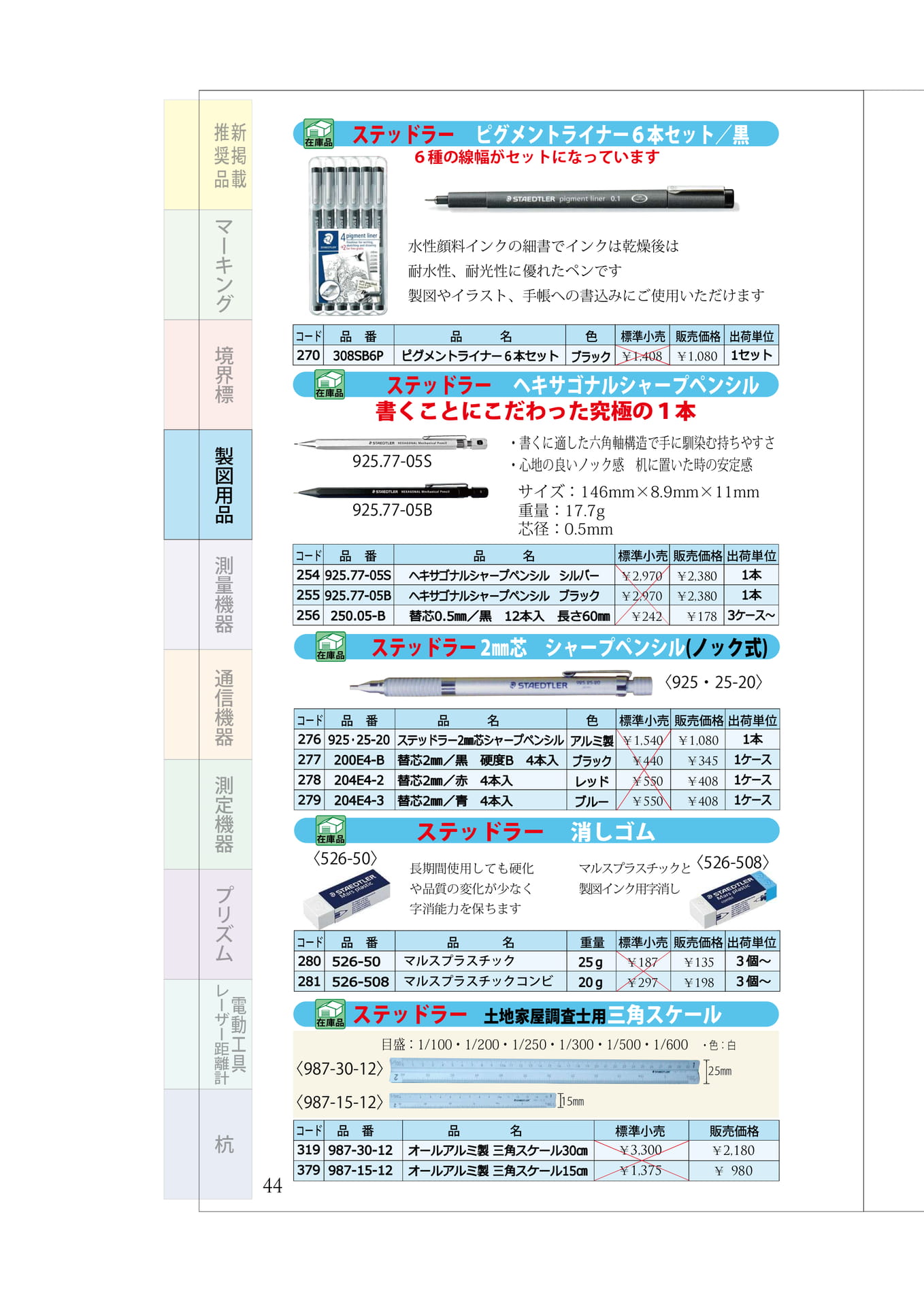 P.44 製図用品 ステッドラー(ペン・シャープペンシル・消しゴム・三角スケール)