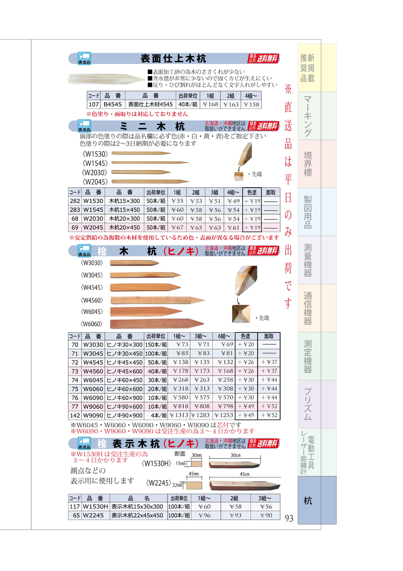 P.93 木杭② ミニ木杭 桧 表示木杭