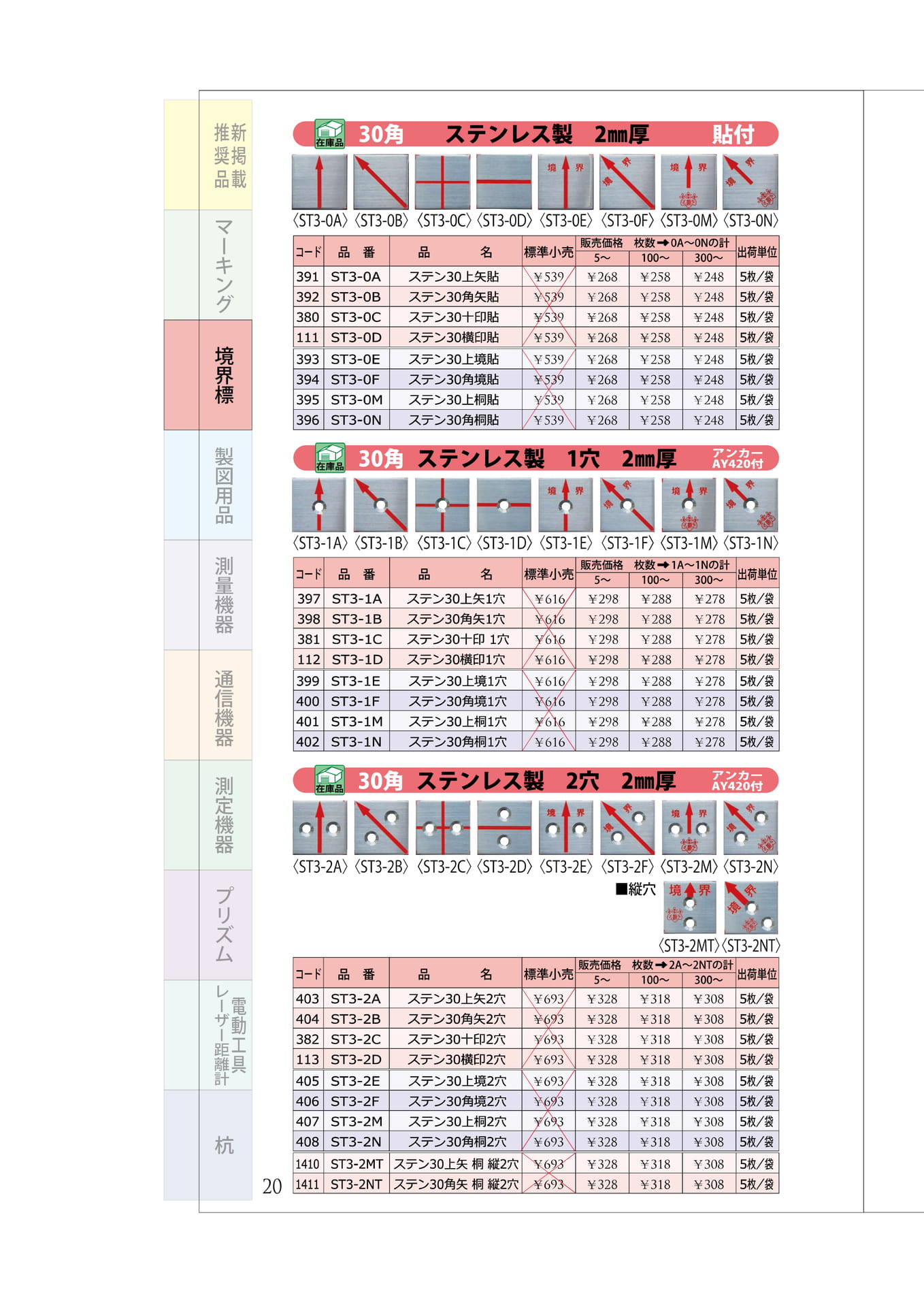 P.20　ステンレスプレート①　30角(貼・１穴・２穴)