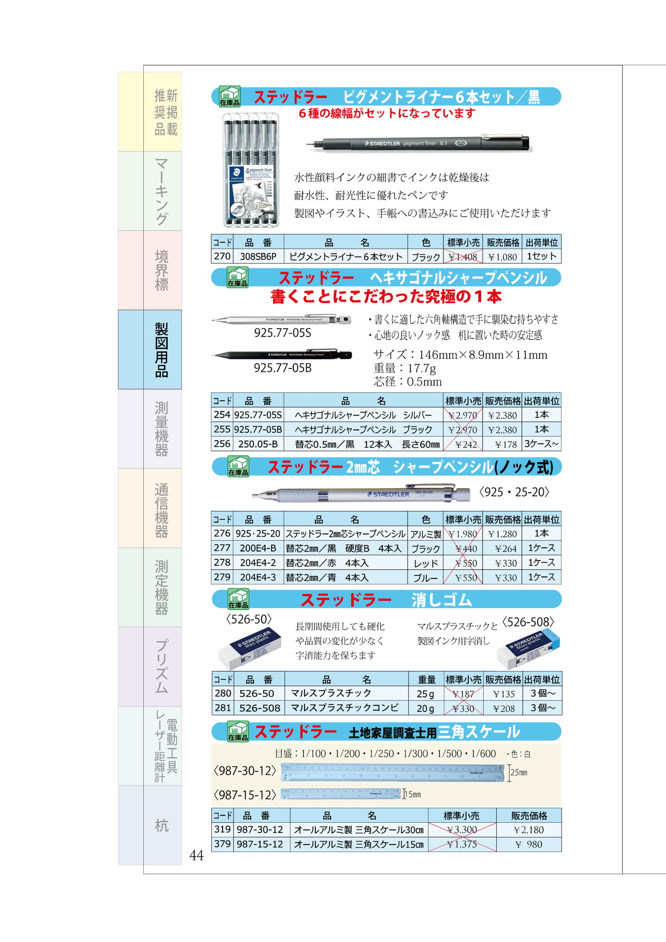 P.44　製図用品　ステッドラー(ペン・シャープペンシル・消しゴム・三角スケール)