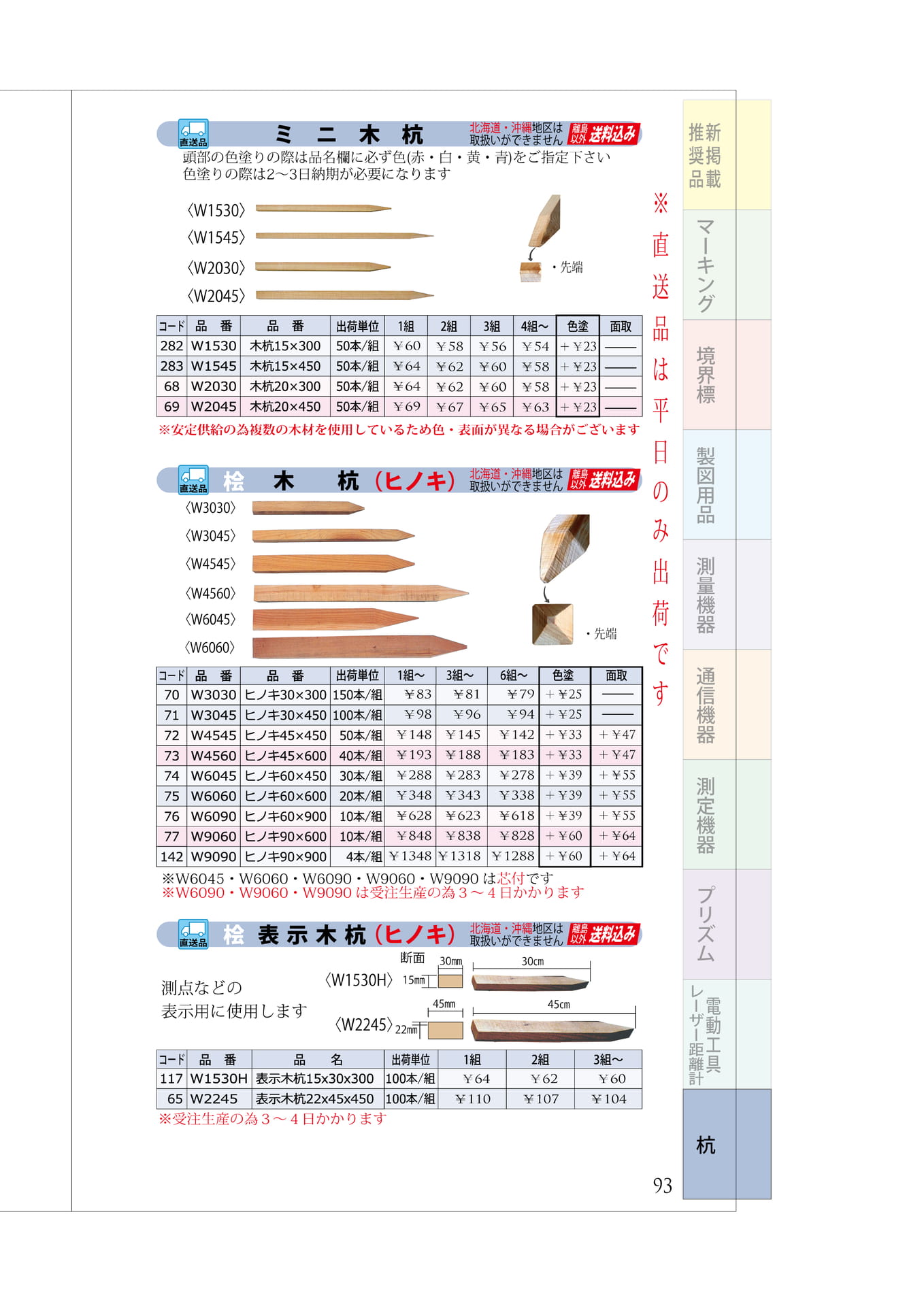 P.93　木杭②　ミニ木杭　桧　表示木杭