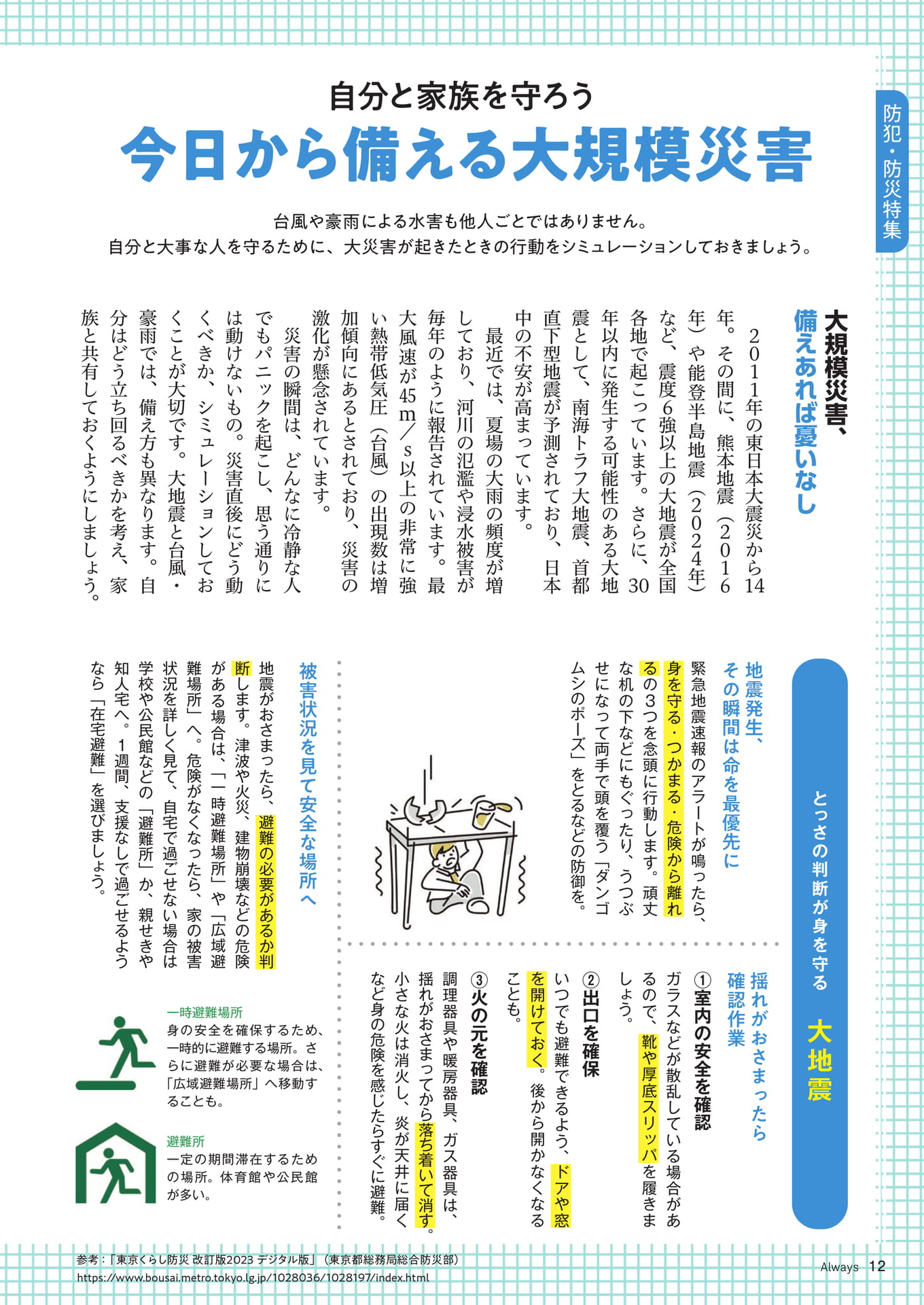 Page 12　防犯・防災特集　自分と家族を守ろう 今日から備える大規模災害