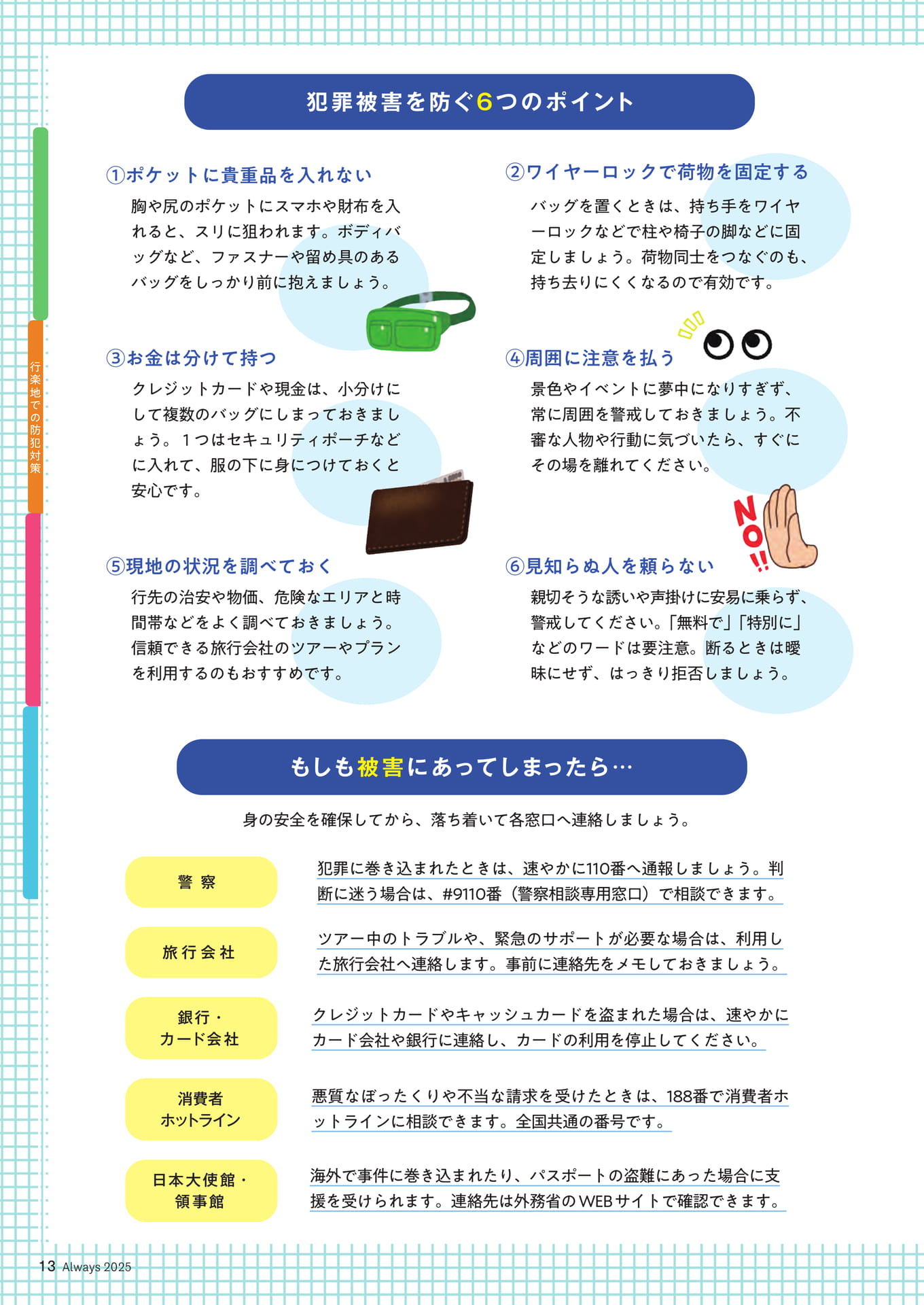 Page 13 防犯・防災特集 楽しい思い出作りのために行楽地での防犯対策