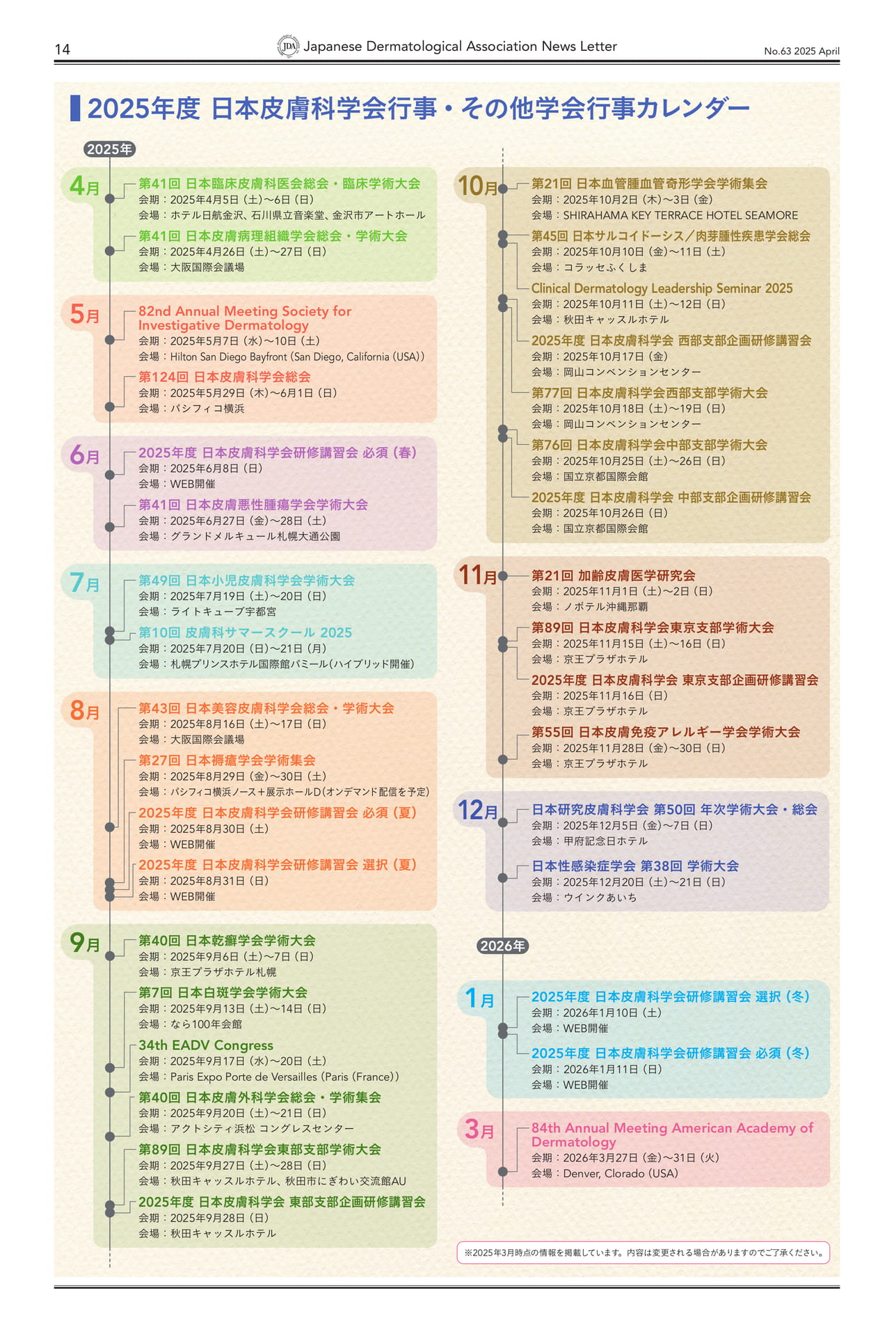 Page 14 2025年度 日本皮膚科学会行事・その他学会行事カレンダー