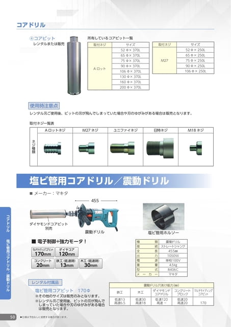 コアドリル・塩ビ管用コアドリル・震動ドリル