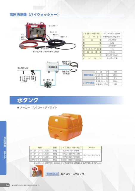 高圧洗浄機・水タンク