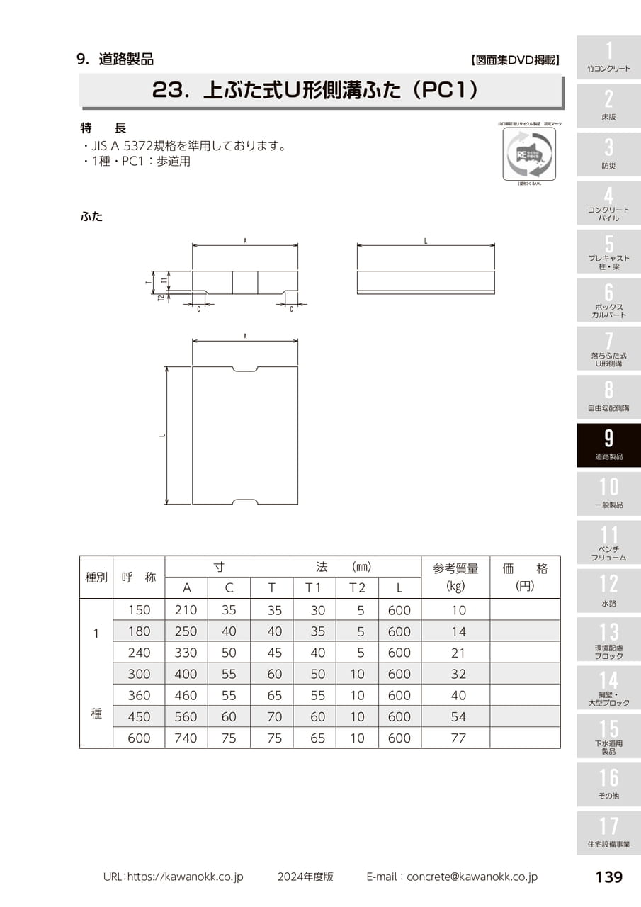 上ぶた式U形側溝ふた 139