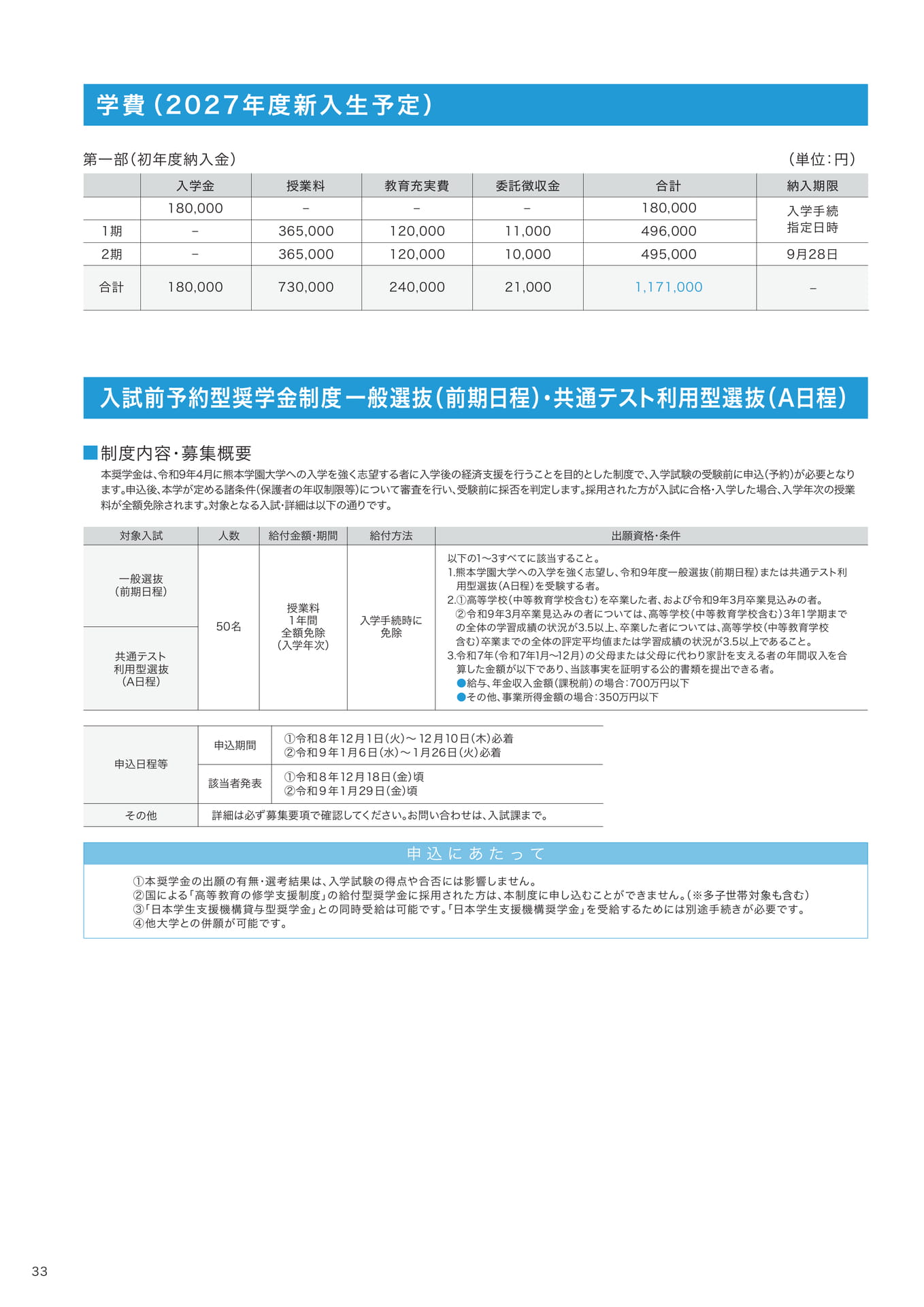 P33　学費・入試前予約型奨学金制度