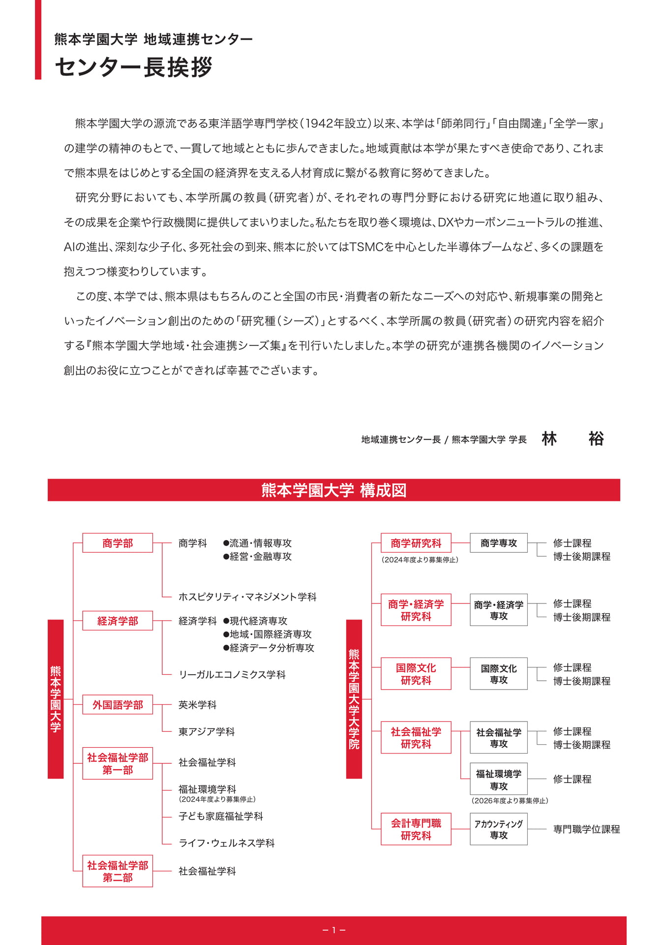 P1.地域連携センター センター長挨拶｜熊本学園大学 構成図