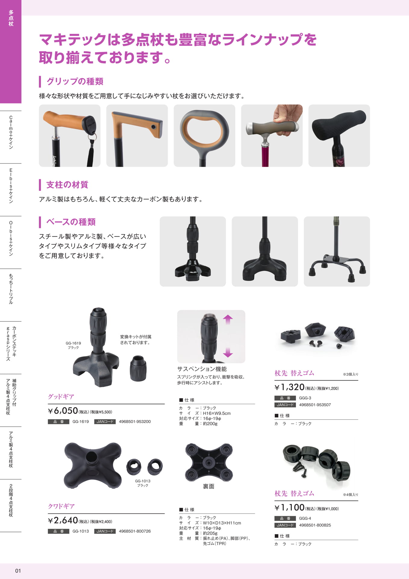 ステッキ多点杖 グリップの種類、支柱の材質、ベースの種類 株式会社マキテック