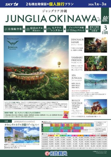 【個人旅行】SKY利用！ジャングリア沖縄への旅3日間～レンタカー付（1月～3月）