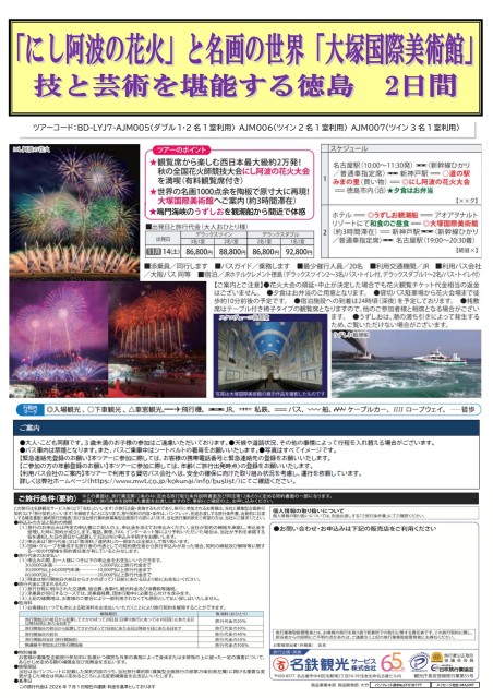 【添乗員同行】にし阿波花火と大塚国際美術館　徳島２日間