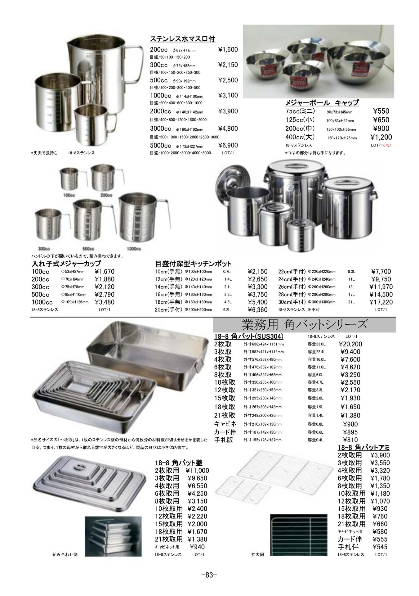 調理道具｜ステンレスメジャー、角バット他