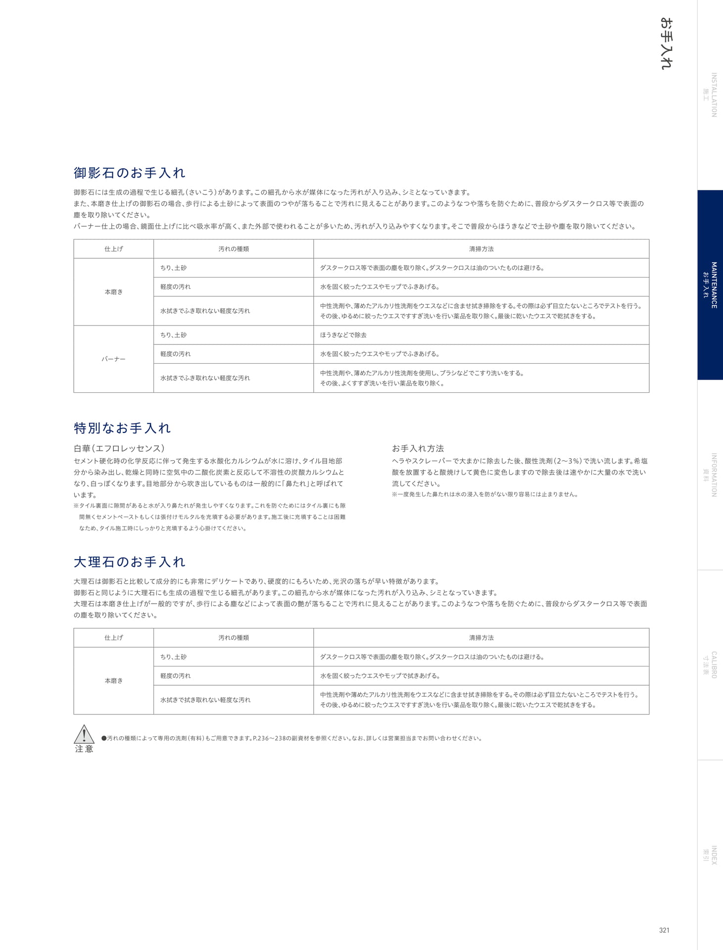 MAINTENANCE 御影石のお手入れ/特別なお手入れ/大理石のお手入れ 