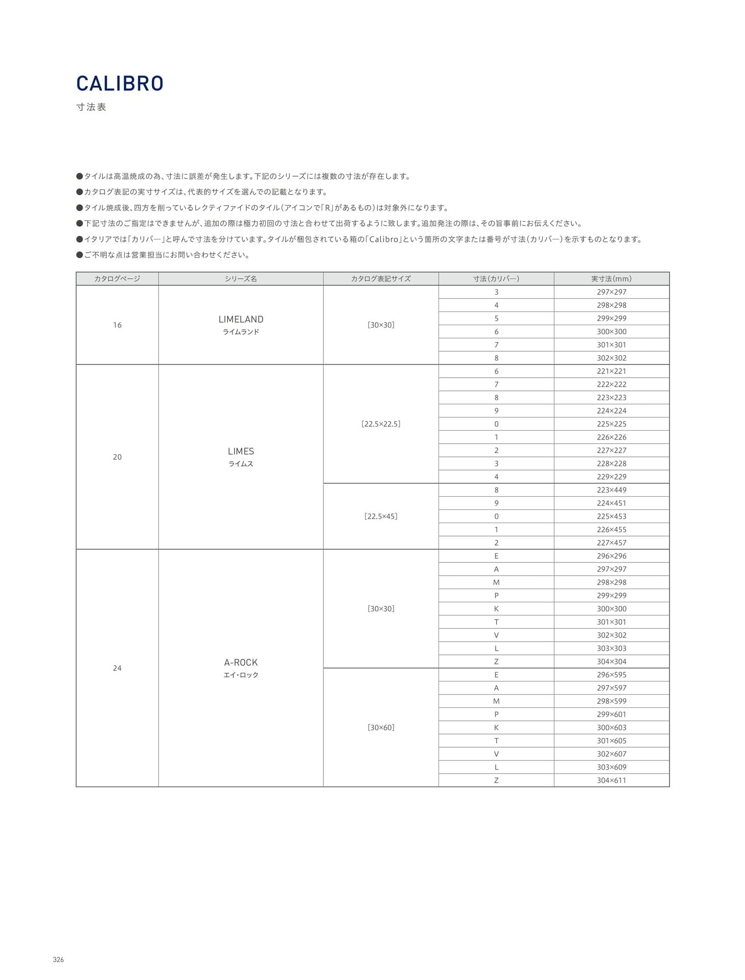 CALIBRO 寸法表 