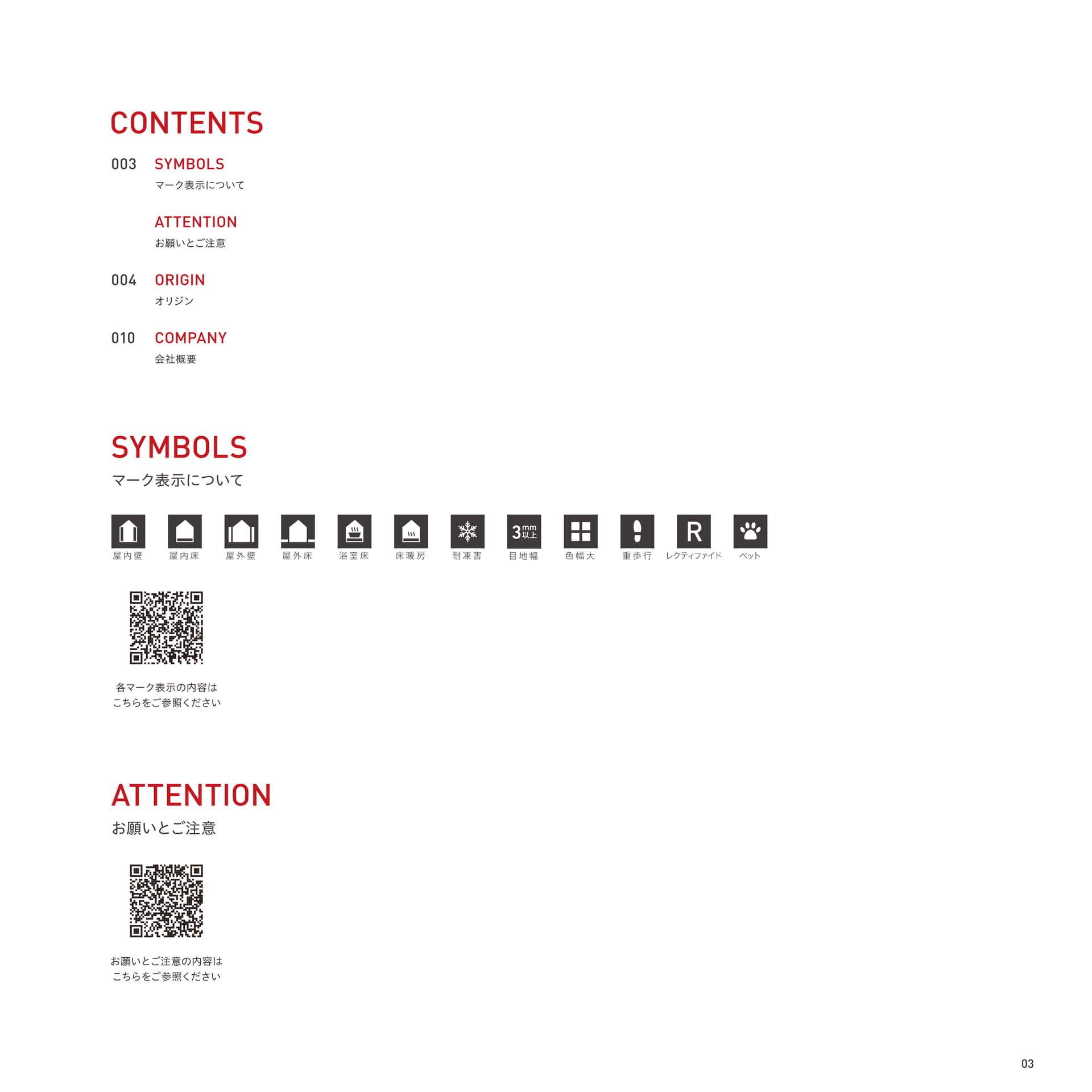 CONTENTS／SYMBOLS／ATTENTION