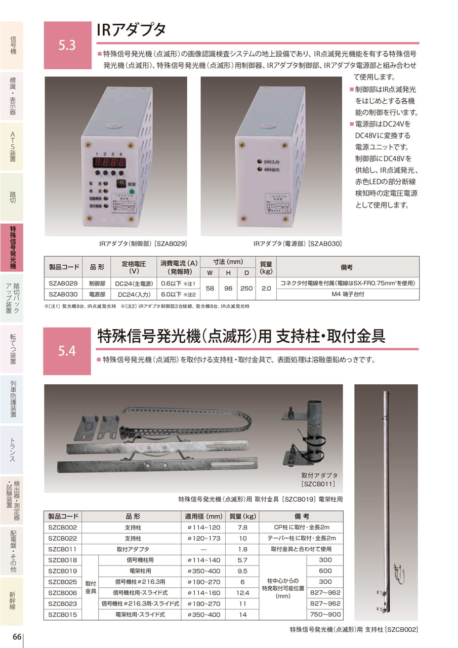 5.3 IRアダプタ/5.4 特殊信号発光機(点滅形)用 支持柱・取付金具