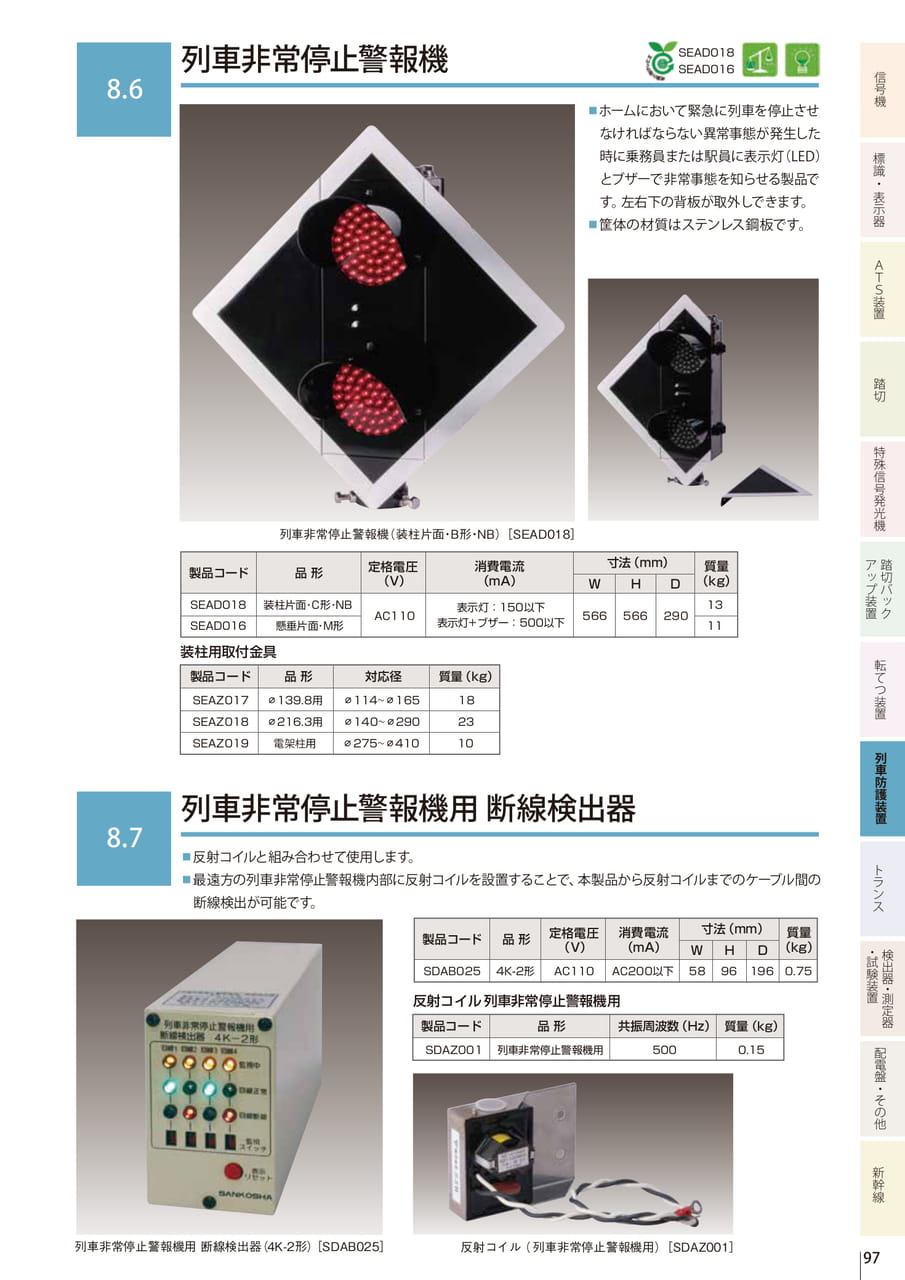8.6 列車非常停止警報機/8.7 列車非常停止警報機用 断線検出器