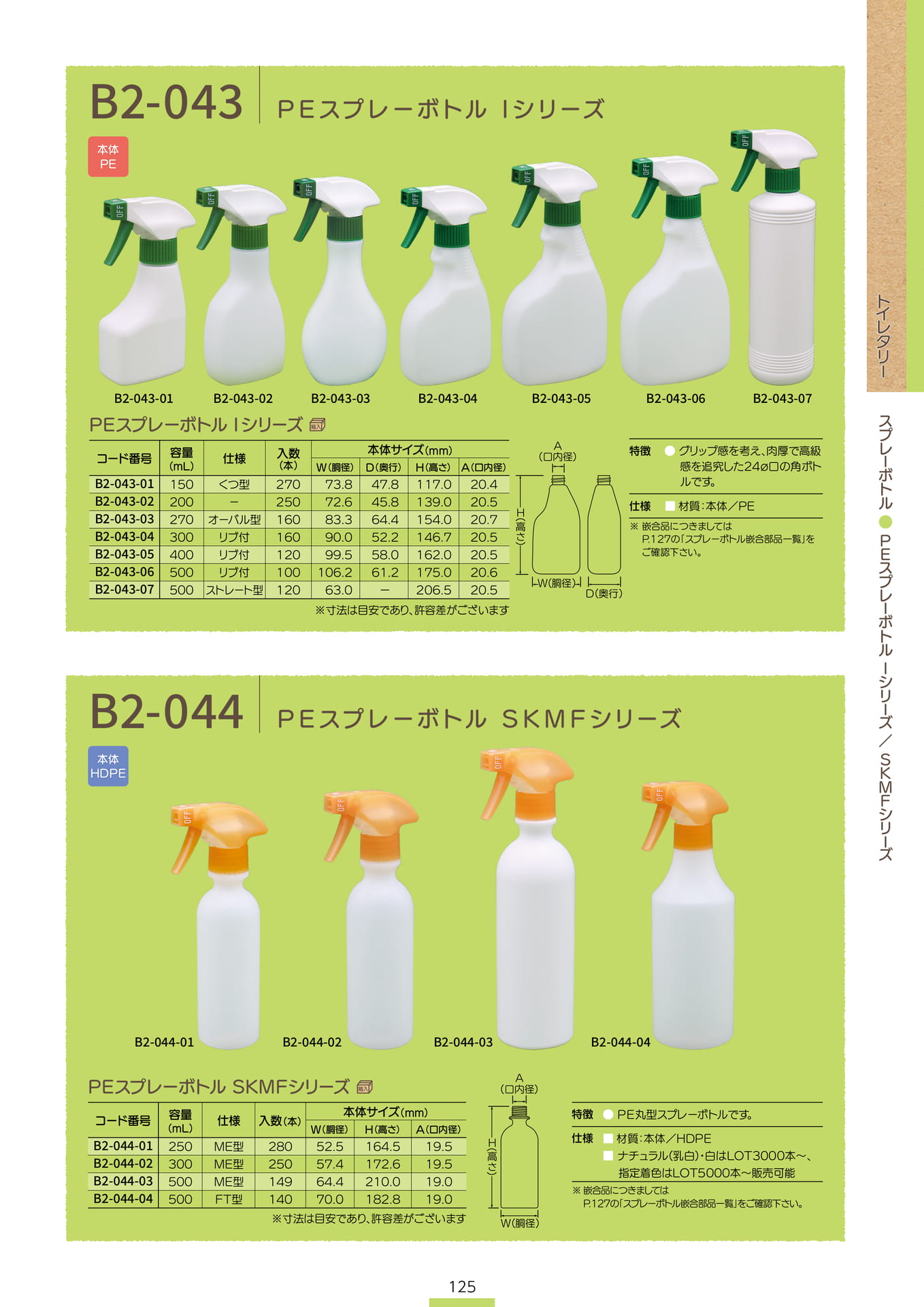 P.127 スプレーボトル B2-043/B2-044 (カタログ上表記P.125)