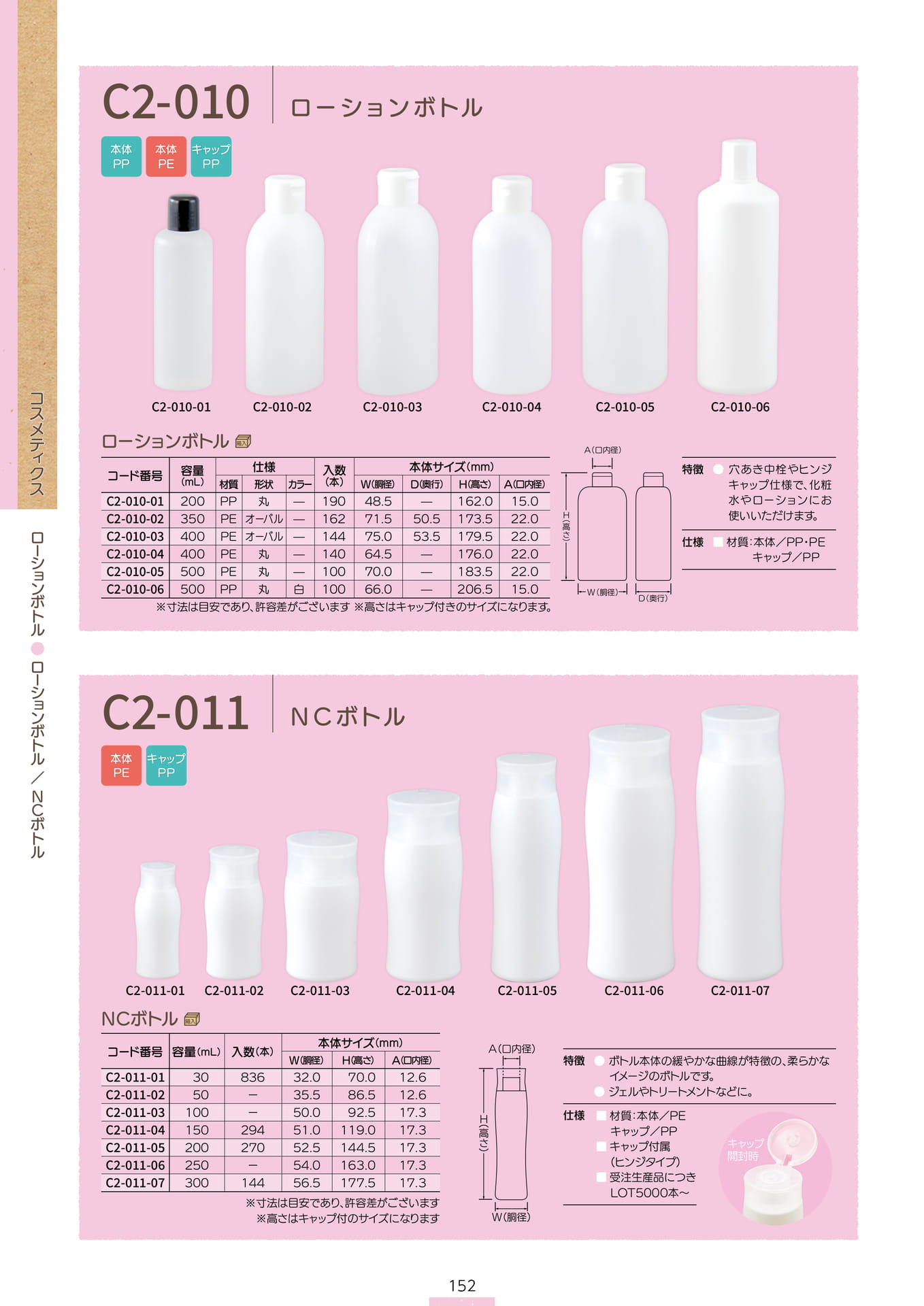 P.154 ローションボトル C2-010/C2-011 (カタログ上表記P.152)