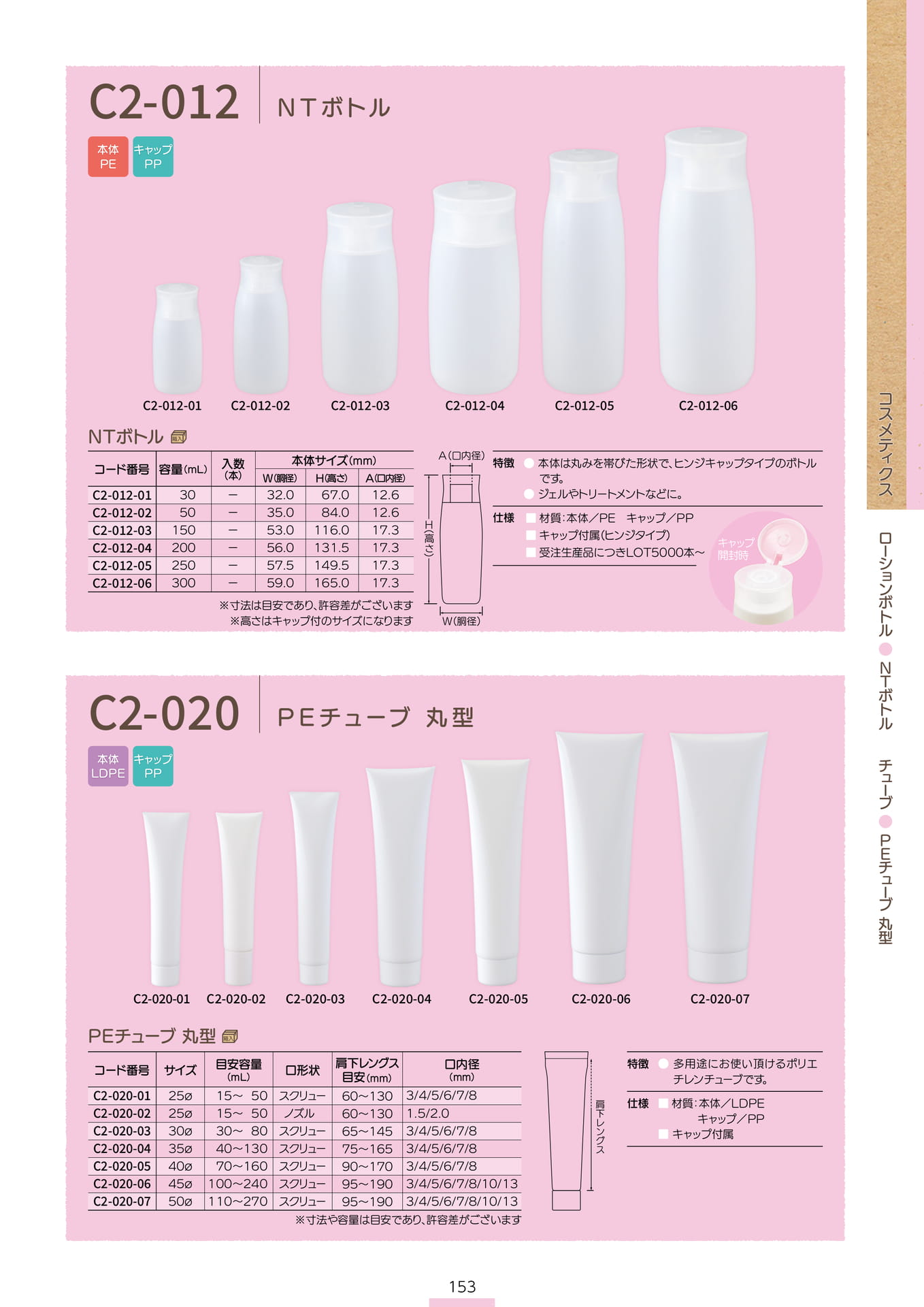 P.155 ローションボトル C2-012 / チューブ C2-020 (カタログ上表記P.153)
