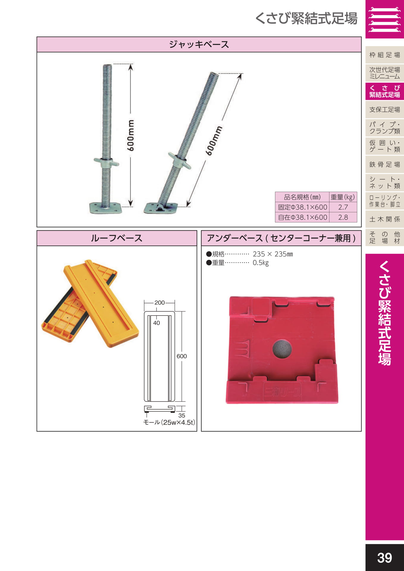 くさび緊結式足場/ジャッキベース・ルーフベース・アンダーベース