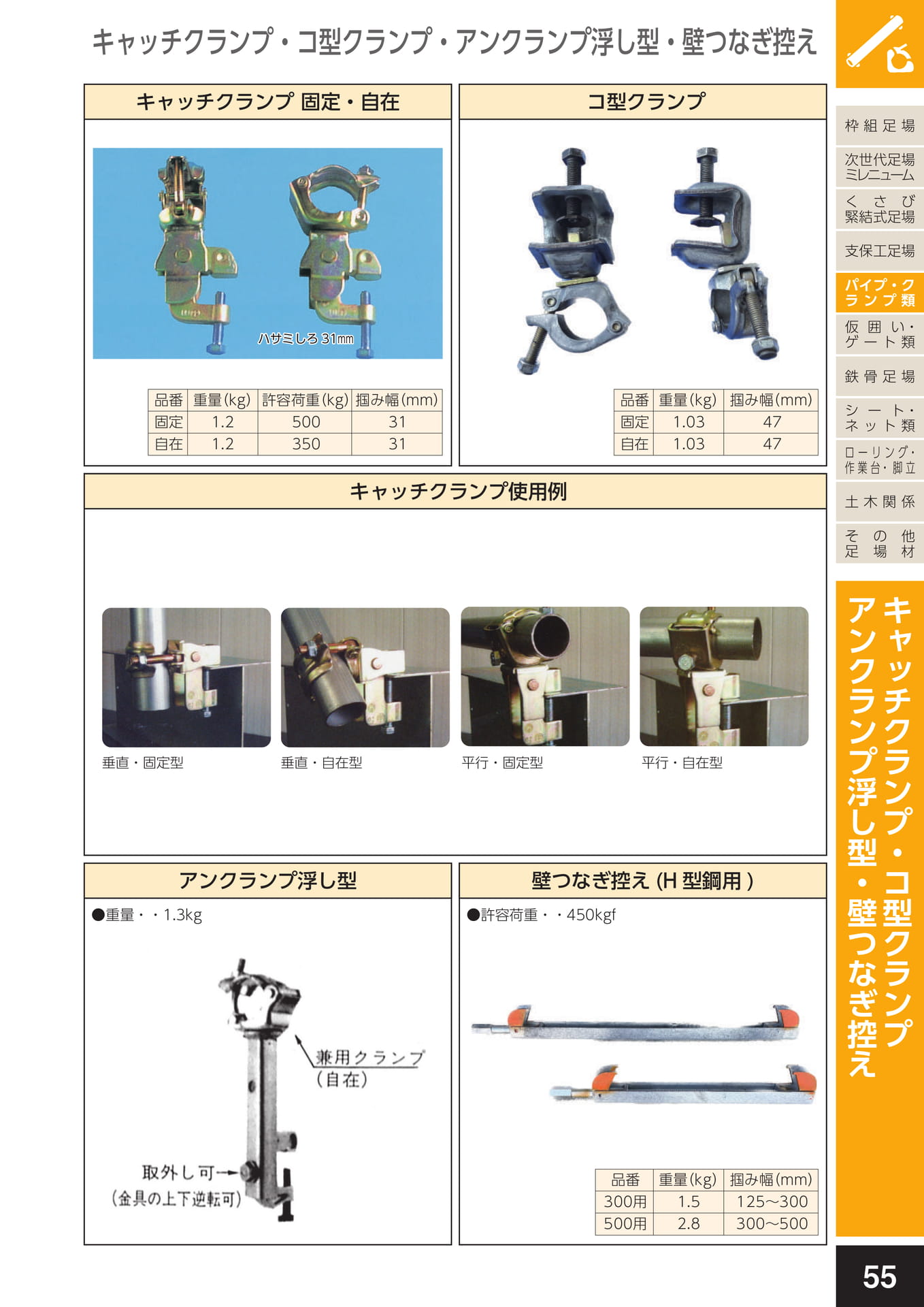 パイプ・クランプ類/キャッチクランプ・コ型クランプ・アンクランプ浮し型・壁つなぎ控え