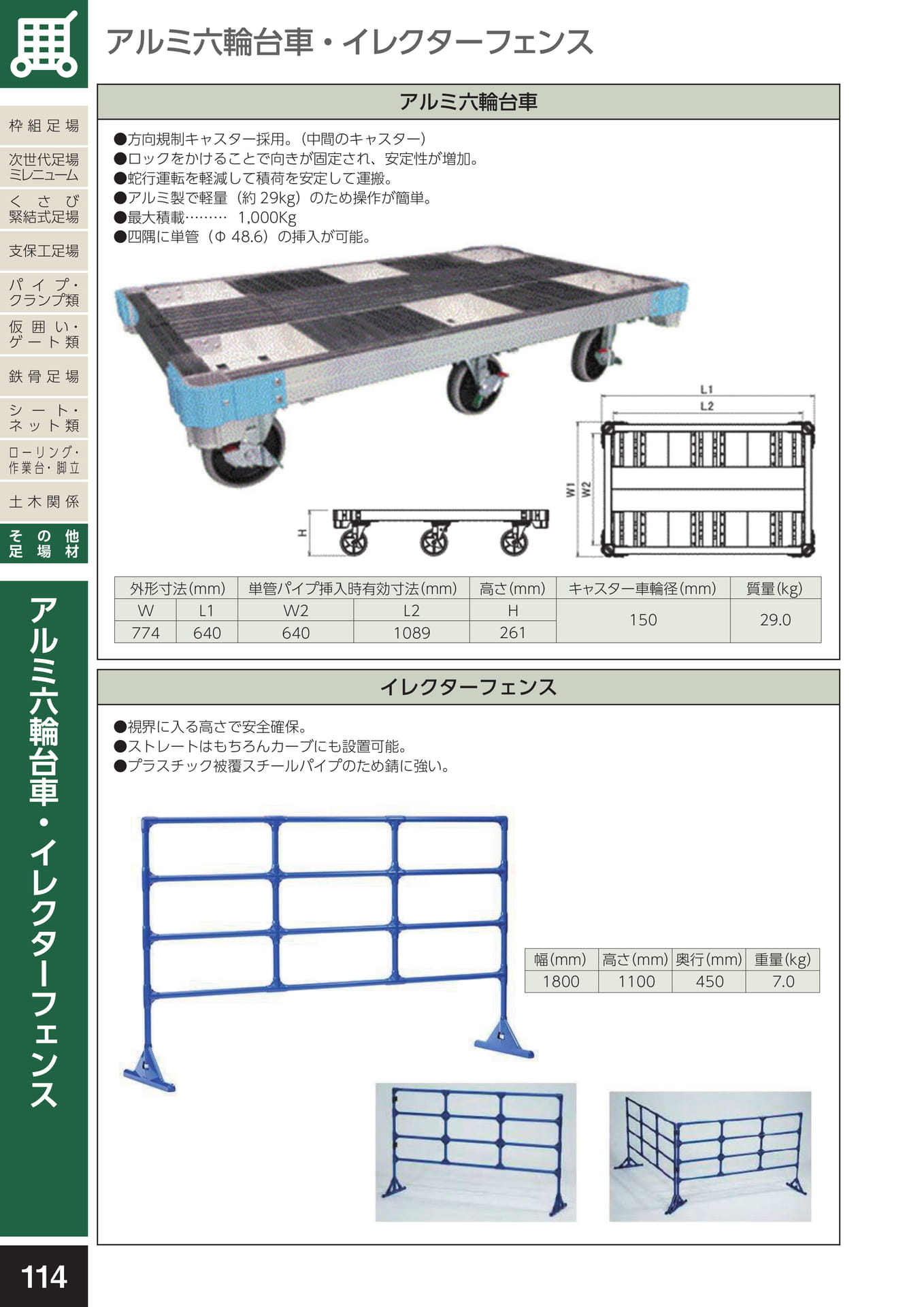 その他足場材/アルミ六輪台車・イレクターフェンス
