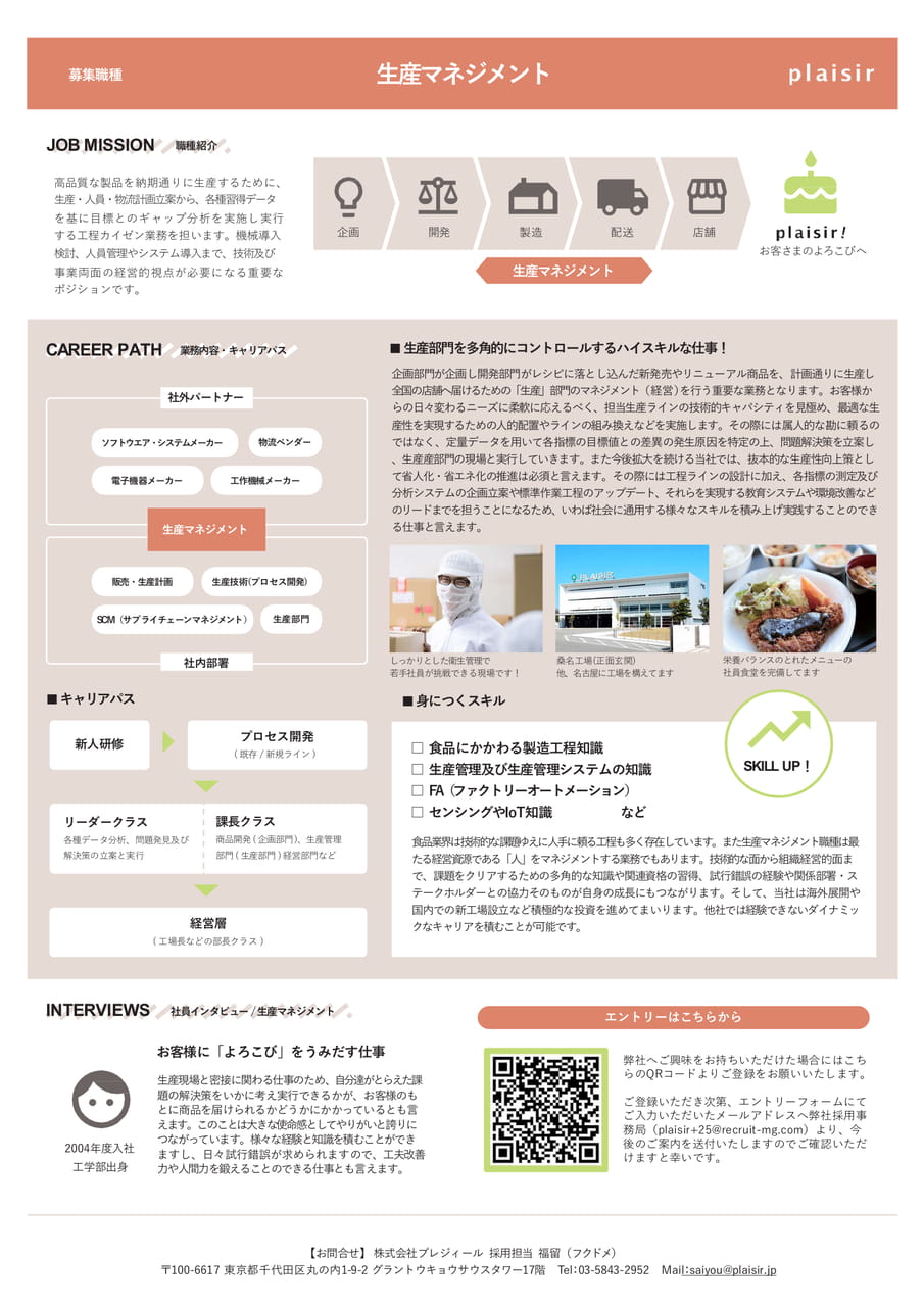 ㈱プレジィール 募集要項生産マネジメント職