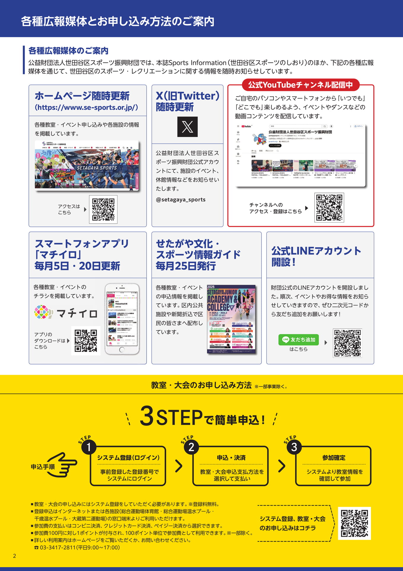 各種広報媒体とお申し込み方法のご案内、教室・大会申込システムご案内